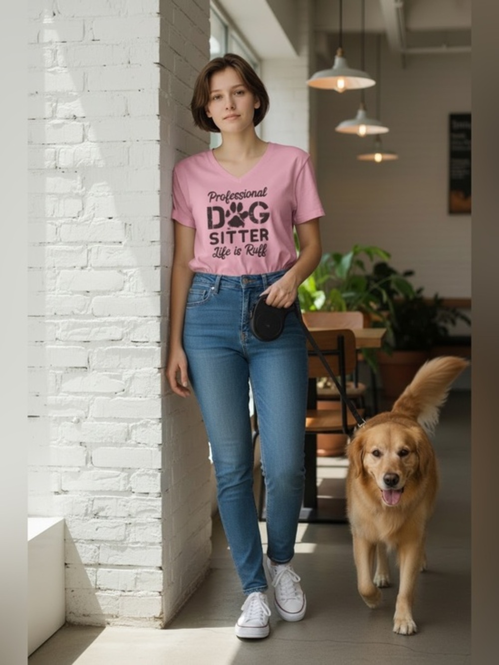 Professional Dog Sitter Life Is Ruff Pink Graphic Tee Size Large